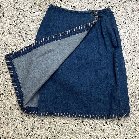 Cambridge Dry Goods Jean denim wrap western tan stitch mini skirt 6 - Picture 7 of 7